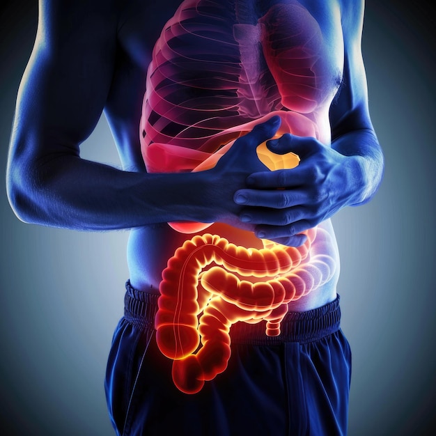 Visual demonstration of digestive tract intestine stomach small colon duodenum illustrating issues like disease pain and nutrition emphasizing the importance of gastrointestinal health