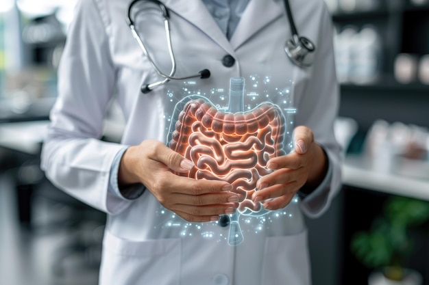 Foto dimostrazione visiva del tratto digestivo, dell'intestino, dello stomaco, del colon piccolo, del duodeno, illustrando questioni come la malattia, il dolore e la nutrizione, enfatizzando l'importanza della salute gastrointestinale