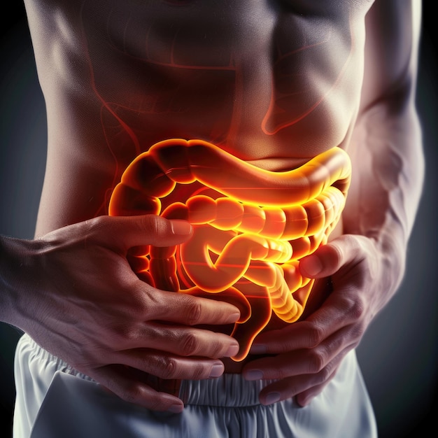 Dimostrazione visiva del tratto digestivo, dell'intestino, dello stomaco, del colon piccolo, del duodeno, illustrando questioni come la malattia, il dolore e la nutrizione, enfatizzando l'importanza della salute gastrointestinale