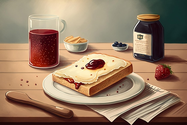 Visual Depiction Toast with Jam Placed on the Table Generative AI