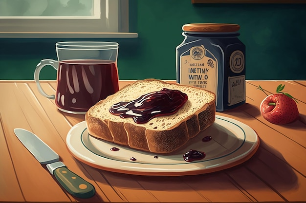 Visual Depiction Toast with Jam Placed on the Table Generative AI