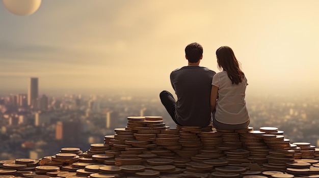 Visual metaphor for saving towards a home a young couple perched on a stack of coins