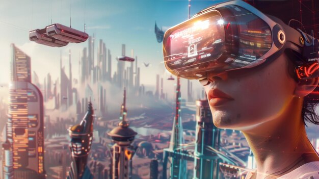 A visual narrative set in a futuristic metropolis where a person equipped with advanced VR goggles gazes out over a cityscape teeming with aerial vehicles and towering skyscrapers evoking a sense