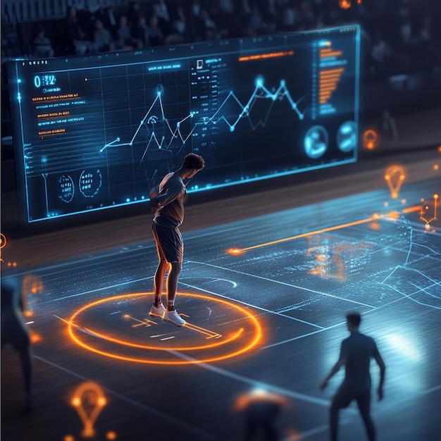 A visual of realtime data analytics in sports monitoring player performance metrics during a game