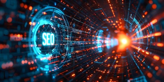 Визуальное представление изменяющихся алгоритмов SEO в футуристическом цифровом интерфейсе Концепция SEO Алгоритмы Футуристический интерфейс Цифровые технологии Изменяющиеся тенденции Визуализация данных