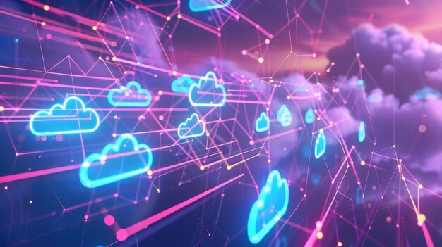 a visual representation of cloud computing with interconnected data clouds and digital elements creating a dynamic and vibrant visual of data storage and processing in the cloud