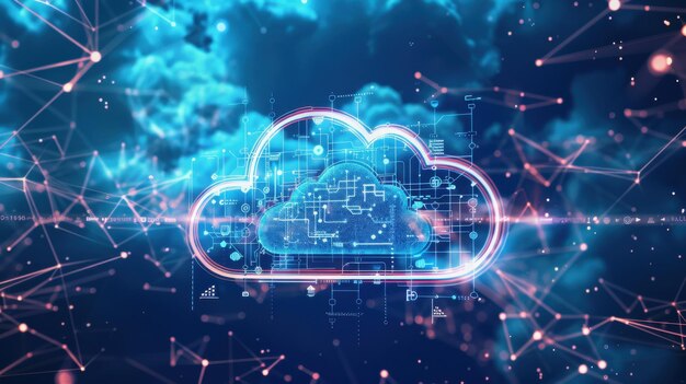 a visual representation of cloud computing with interconnected data clouds and digital elements creating a dynamic and vibrant visual of data storage and processing in the cloud