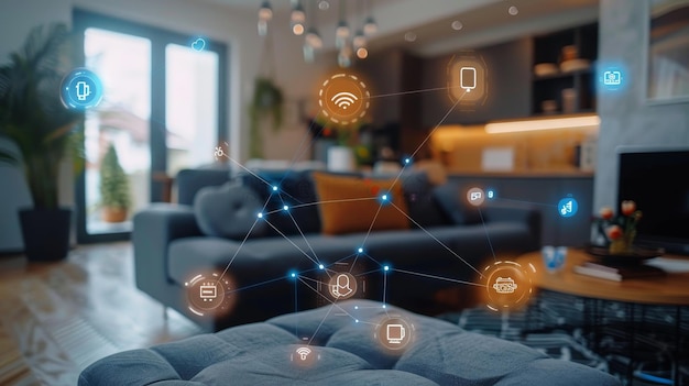 a visual representation of an interactive smart home control system with icons and network connectio