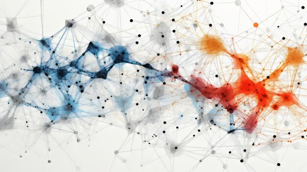 A visual representation of neural networks with interconnected nodes and flowing information, representing the computational processes and learning capabilities of AI systems. AI generative.