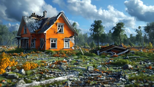 Foto visual representation of a tornadoravaged orange house concept natural disasters damaged property destruction emergency response rebuilding efforts