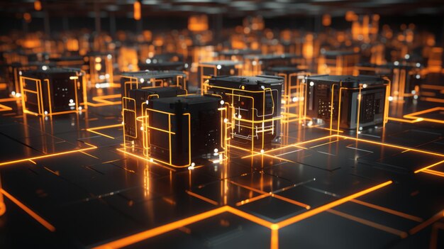 A visual representation of a render farms backend infrastructure showcasing the synchronization and distribution of rendering tasks across multiple nodes Generative AI