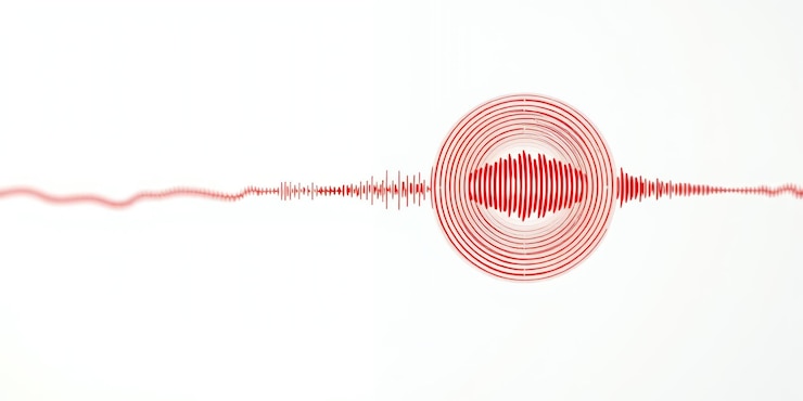 Photo visual representation of sound waves in red with circular patterns and lines