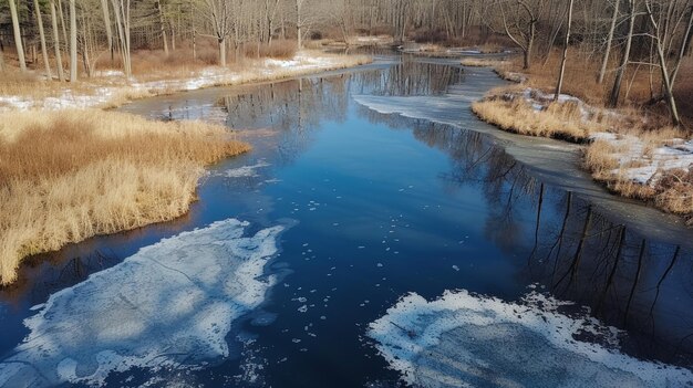 Photo a visual sequence capturing a frozen ponds transition into a vibrant lifefilled water body as ice melts away symbolizing renewa