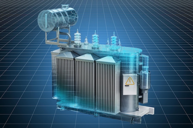 Visualisatie 3D cad-model van transformatorolie hoge spanning stroomtransformator blauwdruk 3D-rendering