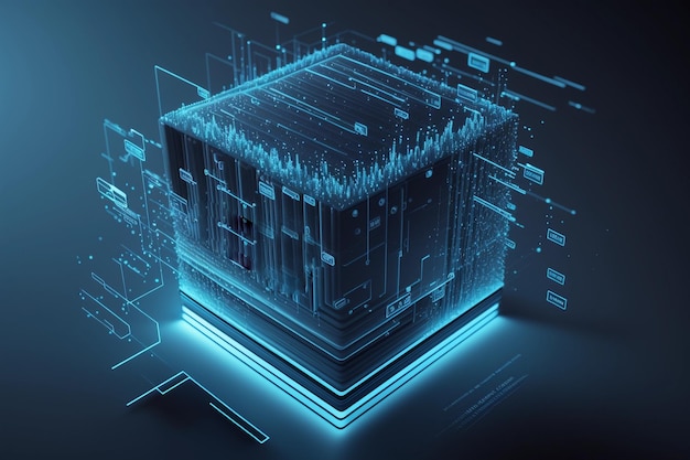 Visualisatie van grote datasets Datacenter of serverruimte met cloudopslagservers Donker datacentrum met lichte datasignalen AI Generation