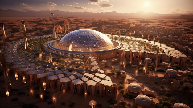 Visualiseer een fotorealistisch beeld van een futuristische woestijnstad in het midden van de Sahara-woestijn.