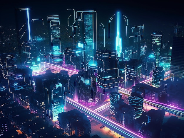 Visualiseer futuristische slimme stad met wifi-verbinding neonlijnen Generatieve AI