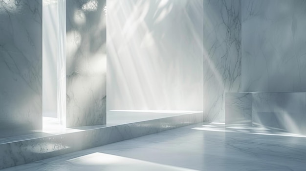 Visualiseren van een naadloze abstracte textuur in een 3D witte ruimte waar licht en schaduw spelen over minimalistische vormen en contouren Deze achtergrond moet een gevoel van rust oproepen AI Generative