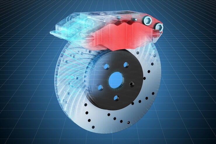 Visualization 3d cad model of car disc brake with caliper blueprint 3D rendering