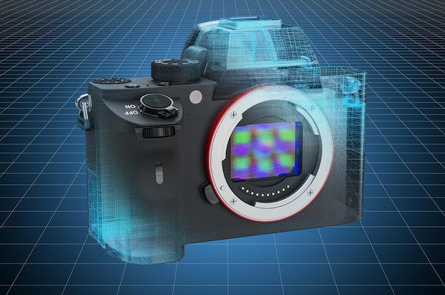 Photo visualization 3d cad model of full frame mirrorless interchangeablelens digital camera body 3d rendering