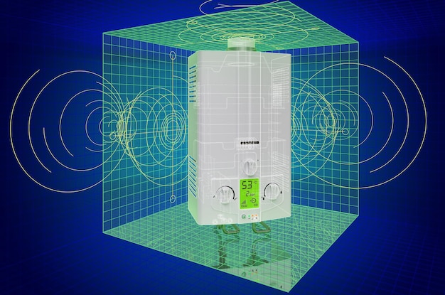 ガスボイラー給湯器の青写真 3D レンダリングの視覚化 3D CAD モデル