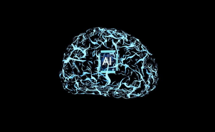 Photo visualization of artificial intelligence neural network structure of algorithms layered to replicate human brain. machine learning algorithm solving computational operations, 3d render animation