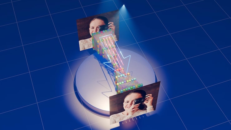 Photo visualization of autoencoder for image denoising from noisy input to clean output 3d rendering