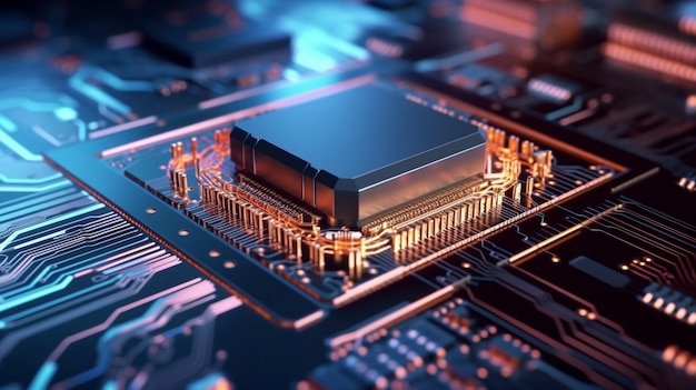 Visualization of a futuristic technology concept showing a circuit board with a CPU and a microchip starting GENERATE AI