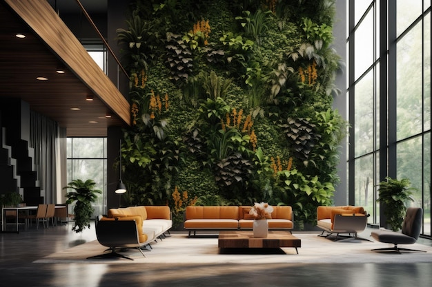 A visualization of an interior design concept featuring a vertical wall garden