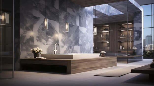 A visualization of a luxurious modern spa bathroom with accents of marble and an indulgent steam shower AI generated illustration