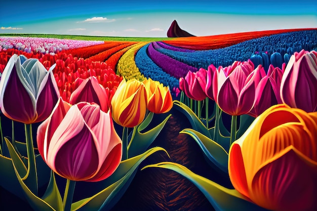 Visualization of paintings by Dutch artists depicting rows of iridescent stripes of multicolored tulips going into the endless distance Generative AI