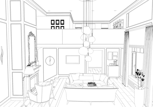 Visualization of a residential modern interior in a classic style 3D illustration  sketch