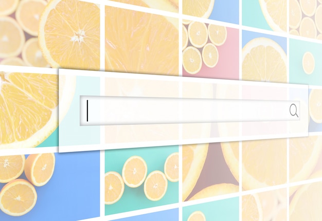 Visualization of the search bar on the background of a collage of many pictures with juicy oranges. 