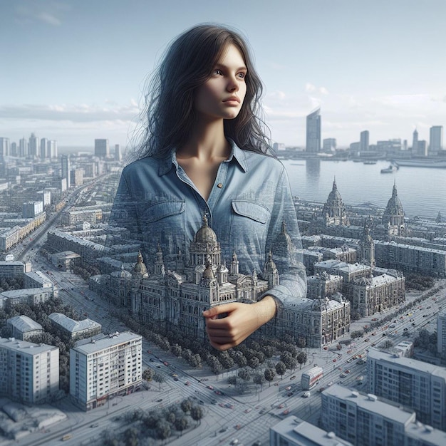 visualization of a woman on a blurred city background