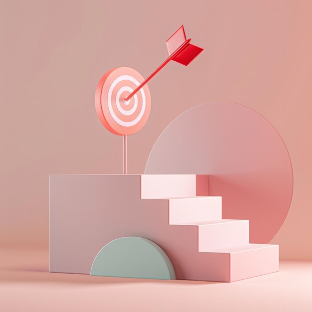 Visualize a 3D icon that embodies a business strategy and target achievement concept The scene is set with a smooth matte finish staircase rendered in soft AI Generative
