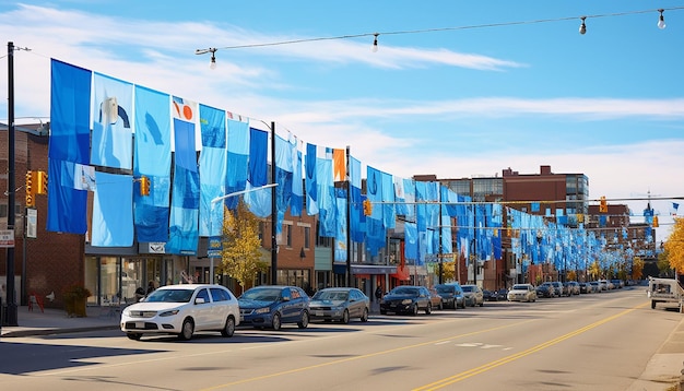 Visualize a city street on blue monday lined with blue banners and flags