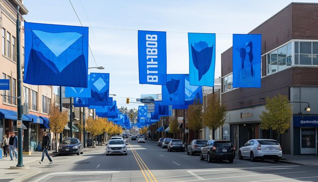 Visualize a city street on blue monday lined with blue banners and flags