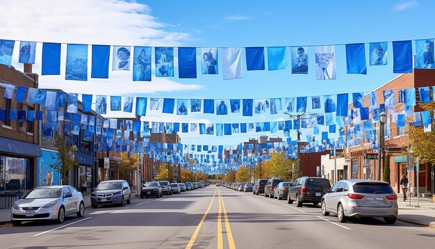 Visualize a city street on blue monday lined with blue banners and flags