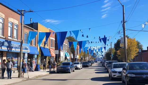 Visualize a city street on blue monday lined with blue banners and flags