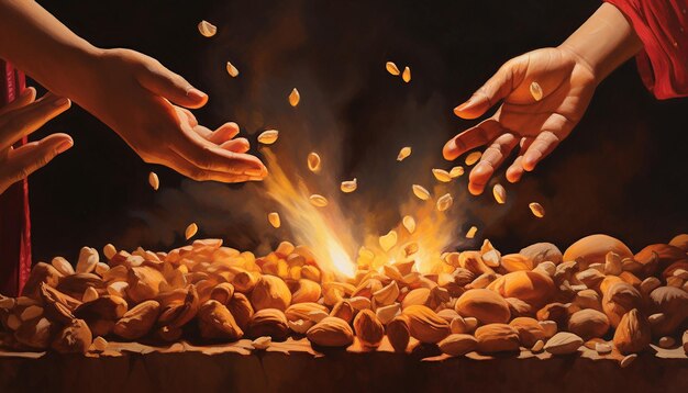 Visualize a closeup of hands roasting peanuts and rewri over an open flame