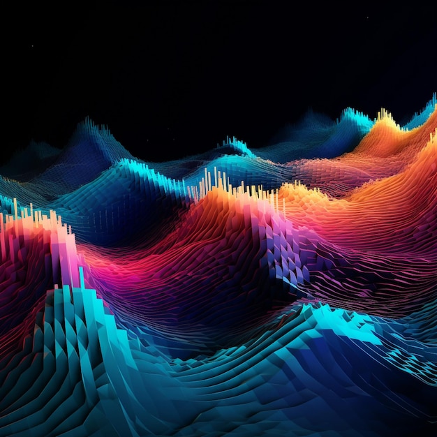 Visualize the concept of waves of data flowing through abstract digital terrain Explore the convergence of technology and information in a captivating image