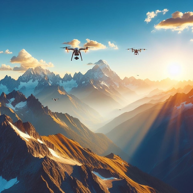 Photo visualize drones soaring above the peaks capturing stunning 4k footage of the landscape while seaml