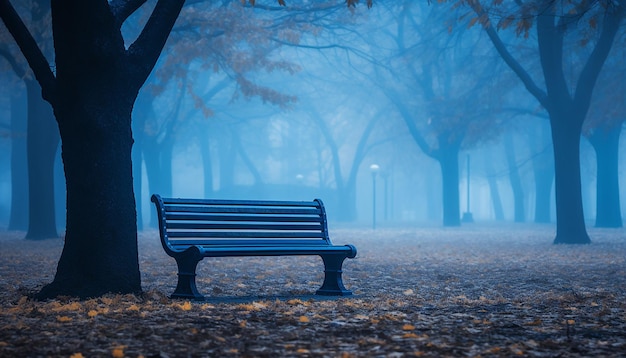 Visualize an empty park bench on a foggy blue monday morning