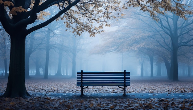 Visualize an empty park bench on a foggy Blue Monday morning