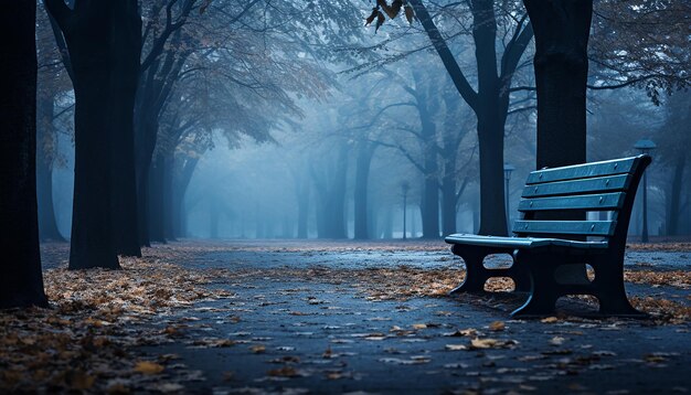 Visualize an empty park bench on a foggy Blue Monday morning