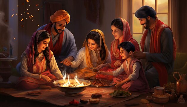Visualize a family preparing for lohri adorning their home with lights and decorations