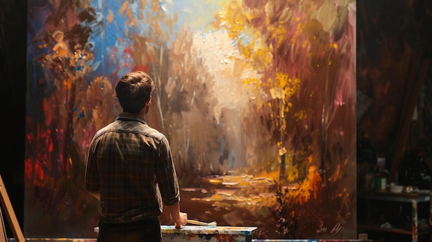 Visualize a filmmaker as a painter brush in hand in front of a vast canvas that displays a cinematic scene symbolizing the directors role in creating visual storytelling