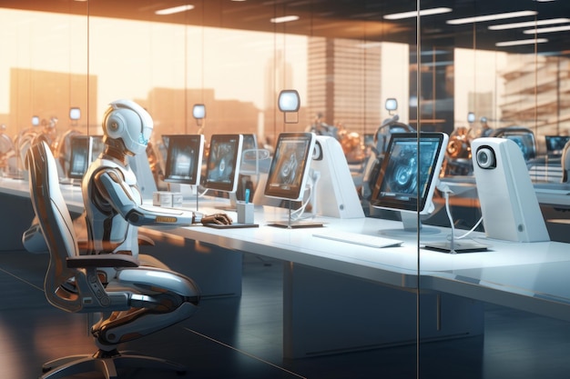 Photo visualize a futuristic office scene where robots are seated at a sleek desk operating pcs robots t