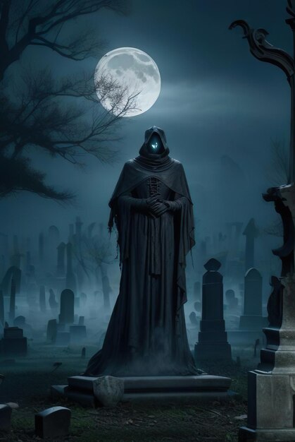 Visualize a Haunting Halloween Night in an Ancient Moonlit Cemetery