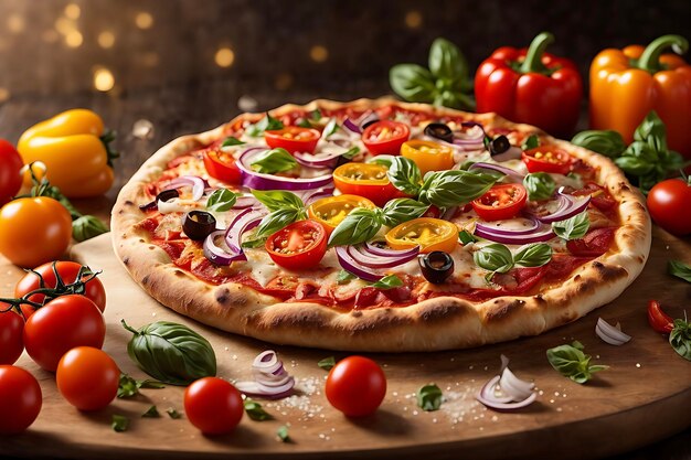 Visualize an irresistible vegetarian pizza package featuring a highresolution Ai Generated